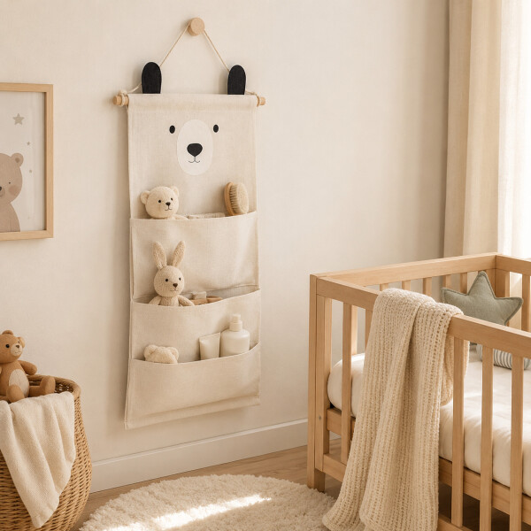 Organizador Colgante Osito Con 3 Bolsillos Para Bebé 60x20cm Blanco