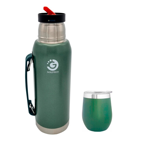 Set Termo 1L Goldtech Mate Con Tapa 230 ML Acero Inoxidable Variante Color Verde