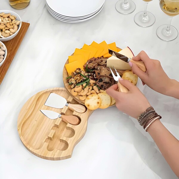 Set Picada 2 Tablas de Madera C/ 4 Accesorios para Quesos Diseño Madera
