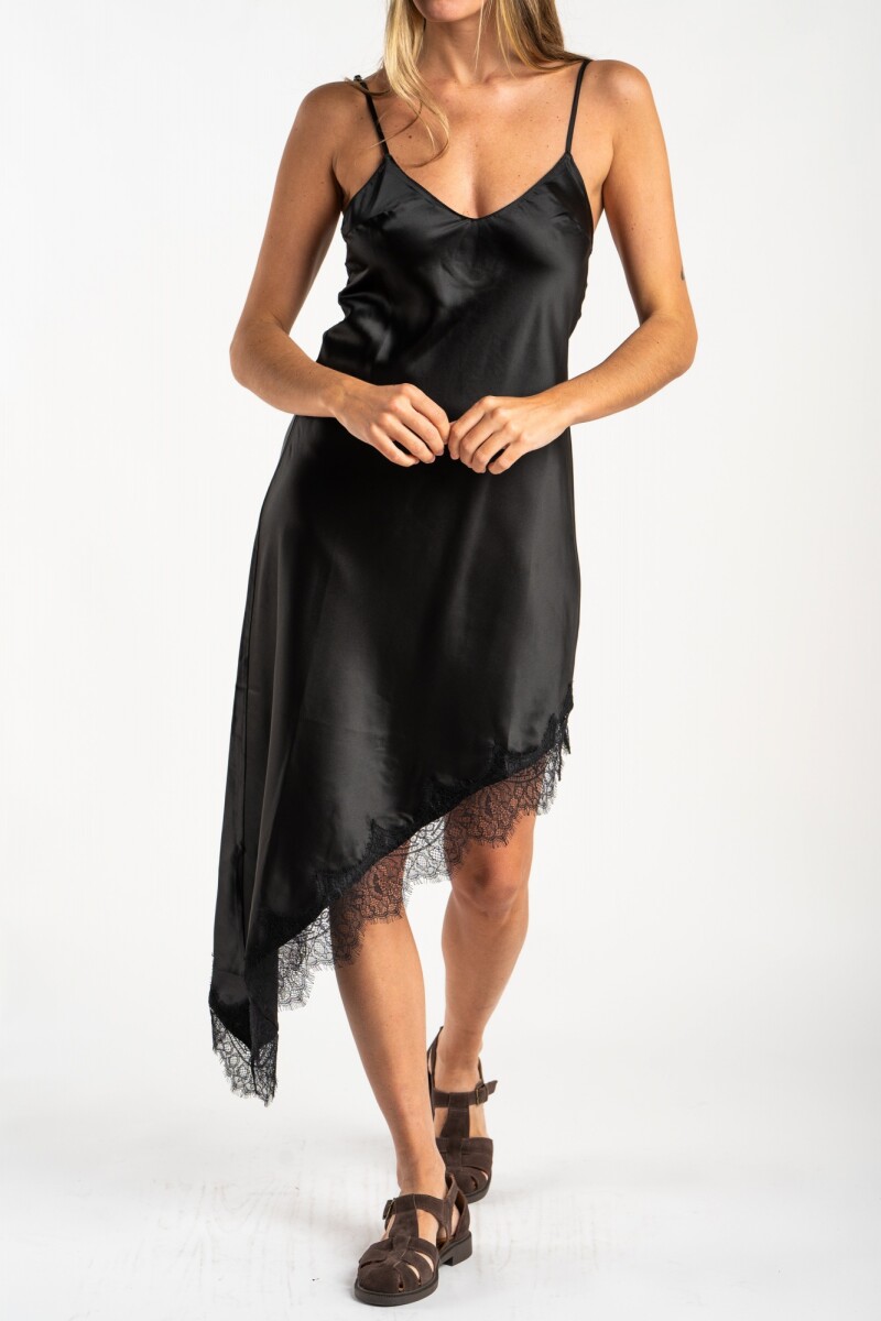 Vestido Midi Satinado Con Encaje Negro