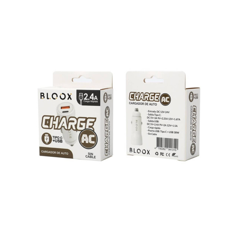 Ficha de carga para auto doble USB-A y USB-C 38W color blanco Ficha De Carga Para Auto Doble Usb-a Y Usb-c 38w Color Blanco