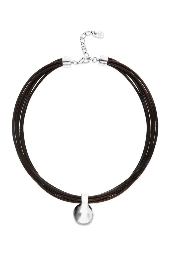 COLLAR DE CUERO CON BOLA GRANDE DE ALEACIÓN DE METALES BAÑADA PLATA DE LEY Colgante