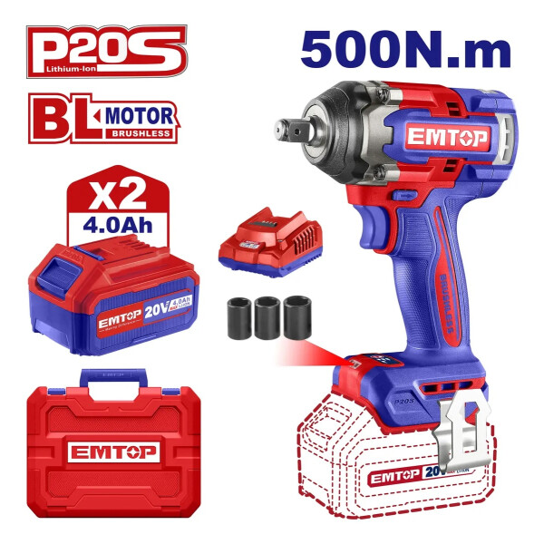 Llave de impacto Emtop 20V (Maletín c/baterias 4.0 y cargador) Llave de impacto Emtop 20V (Maletín c/baterias 4.0 y cargador)