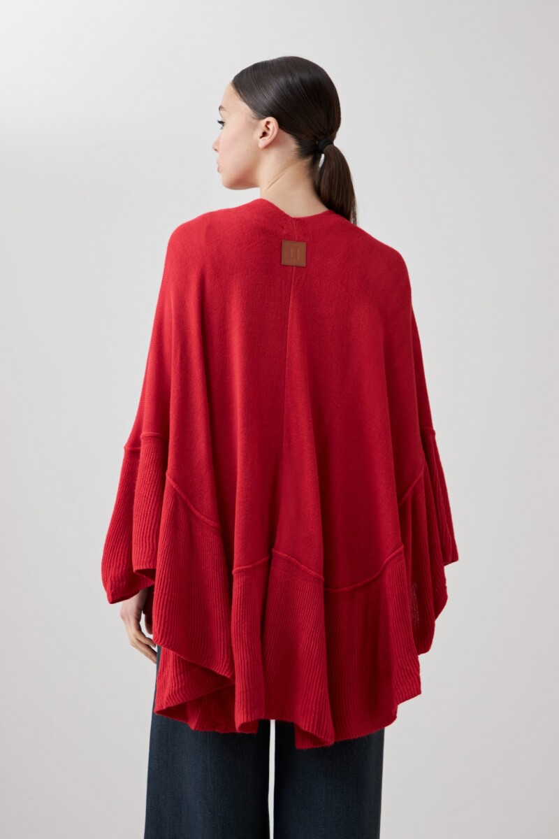 Ruana tejida con volados rojo