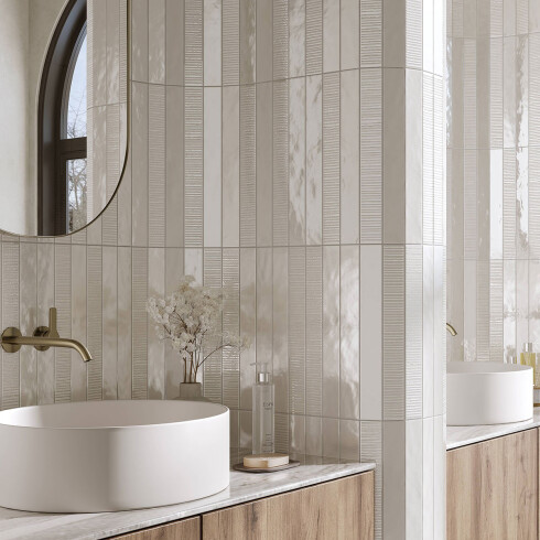 CERAMICA PARA PARED 5.3X43 TIPO BRICK BEIGE BLANCO