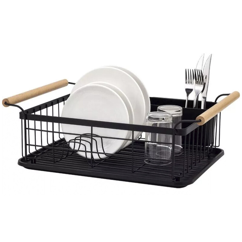 Escurridor de Platos en Metal con Asas de Madera Negro