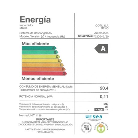 Heladera 300 lts. Beko BCHA275E4SN