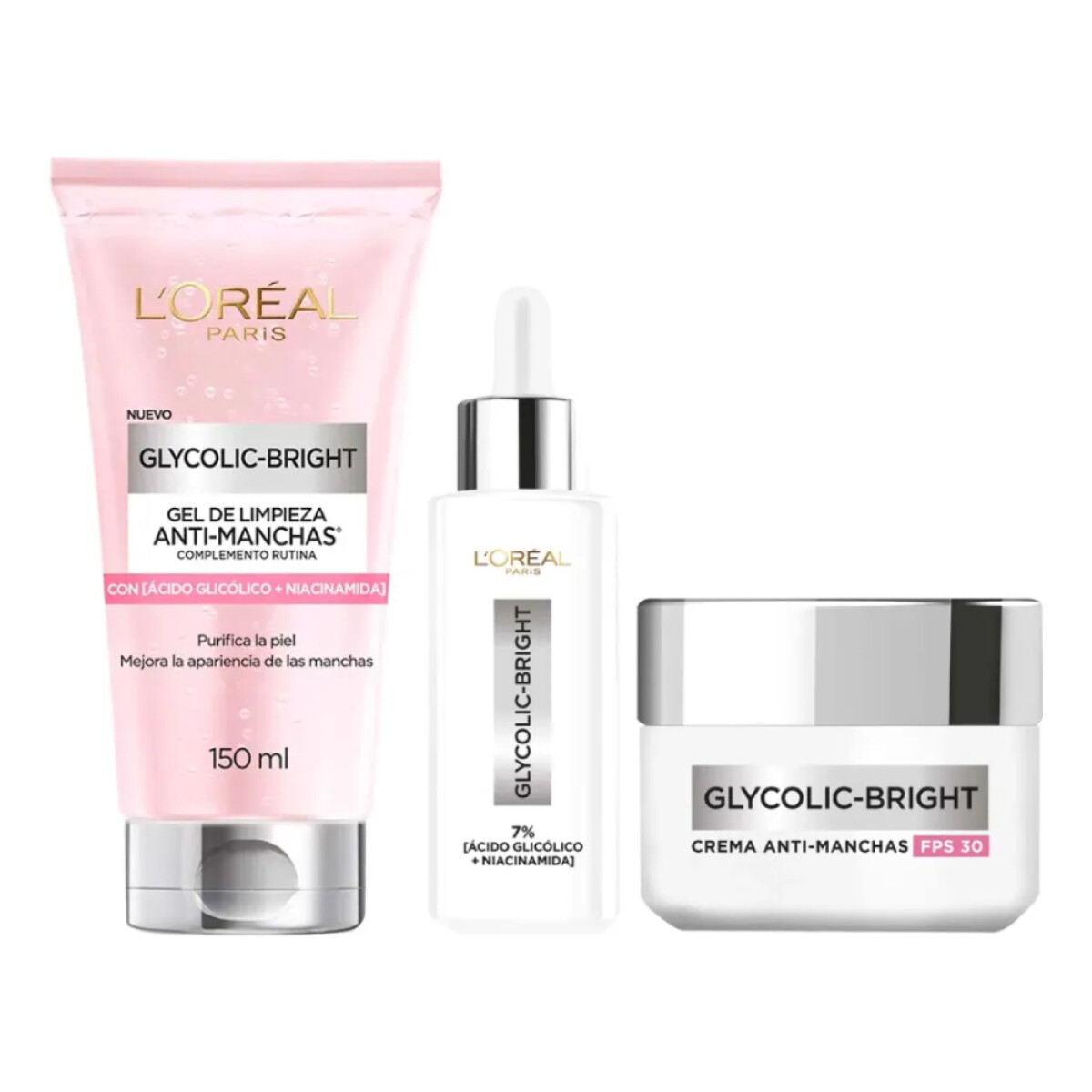 Pack L'Oréal Paris Glycolic Crema de Día + Serúm + Gel de Limpieza 