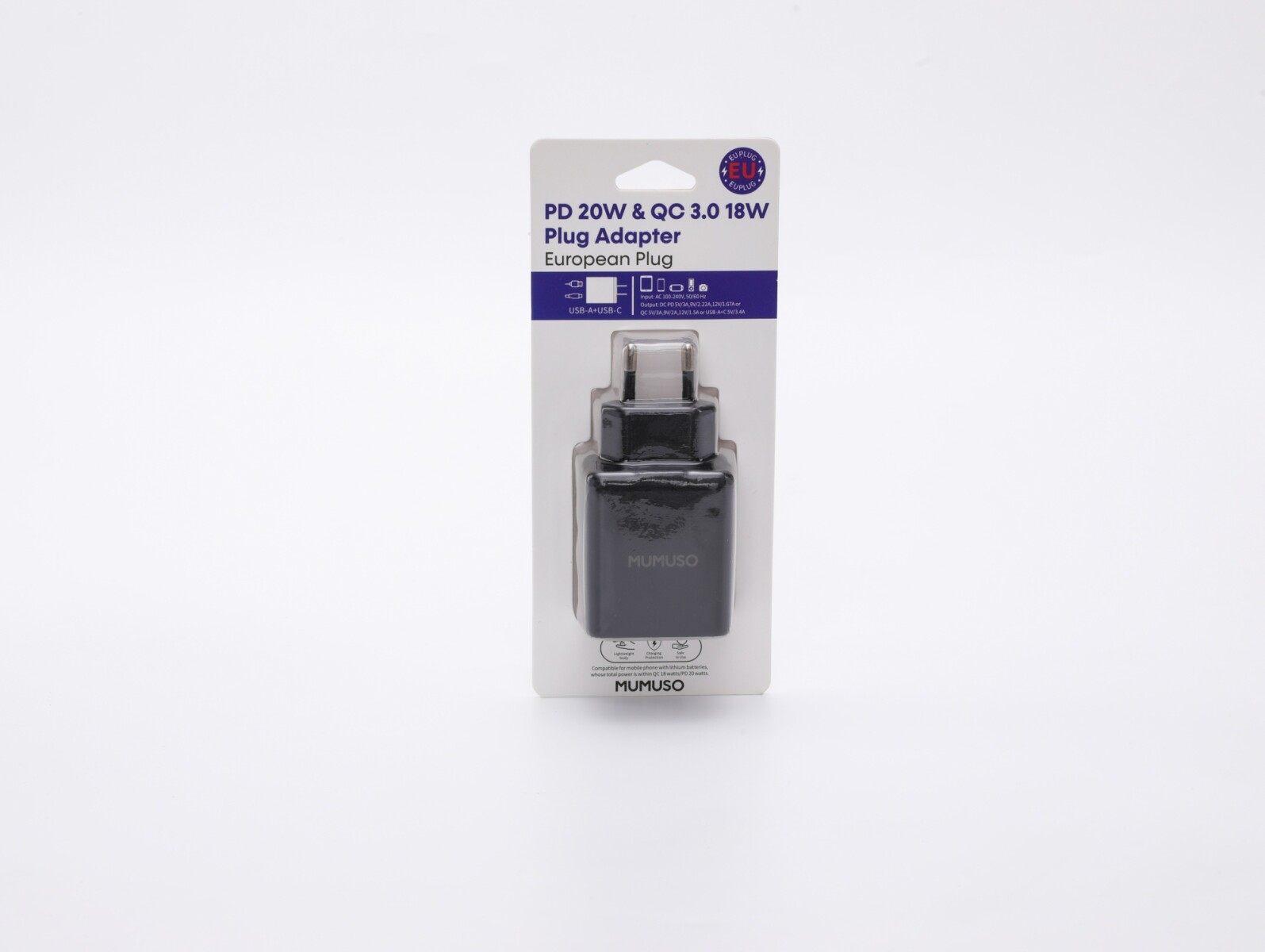 ADAPTADOR DE ENCHUFE PD 20W Y QC 3.0 18W (ENCHUFE EUROPEO/NEGRO) 