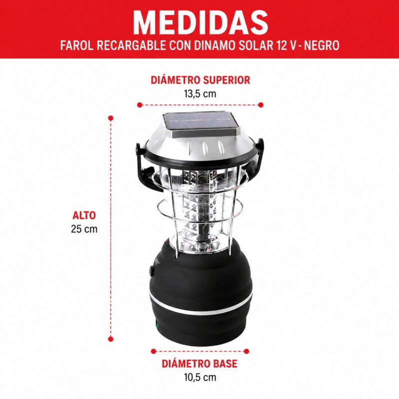 Farol recargable con dinamo solar 12 V NEGRO