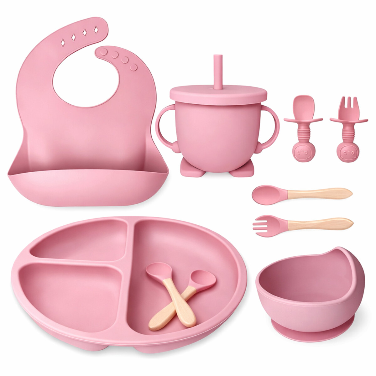 Set Alimentación Bebé Platos Silicona Libre Bpa 10 Piezas - Color Rosa 