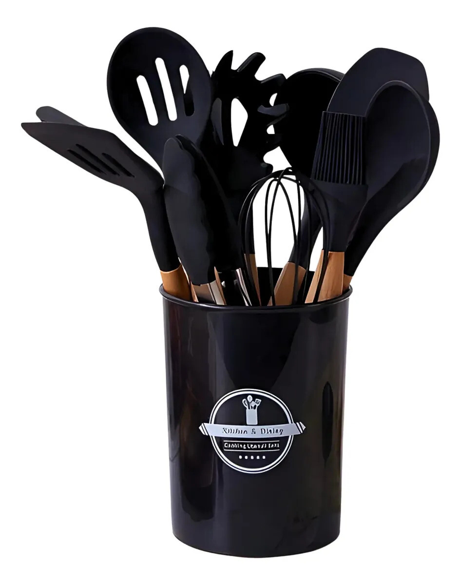 Set De Menage, 11 Utensillos De Cocina Con Soporte - NEGRO 