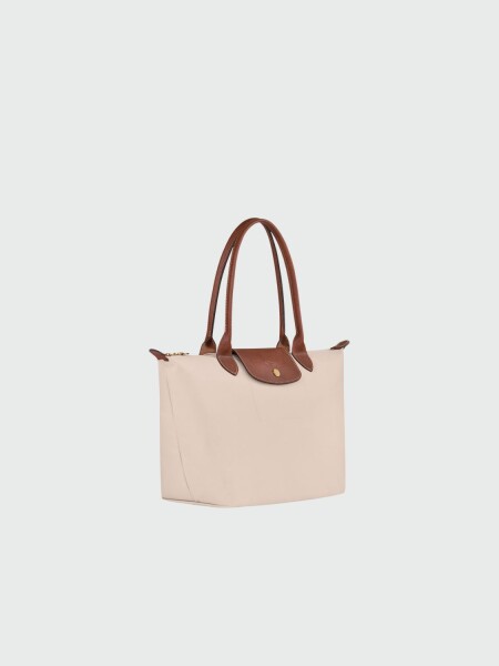 Longchamp -Cartera Longchamp plegable de nylon con cierre y asa larga, Le pliage M Marfil