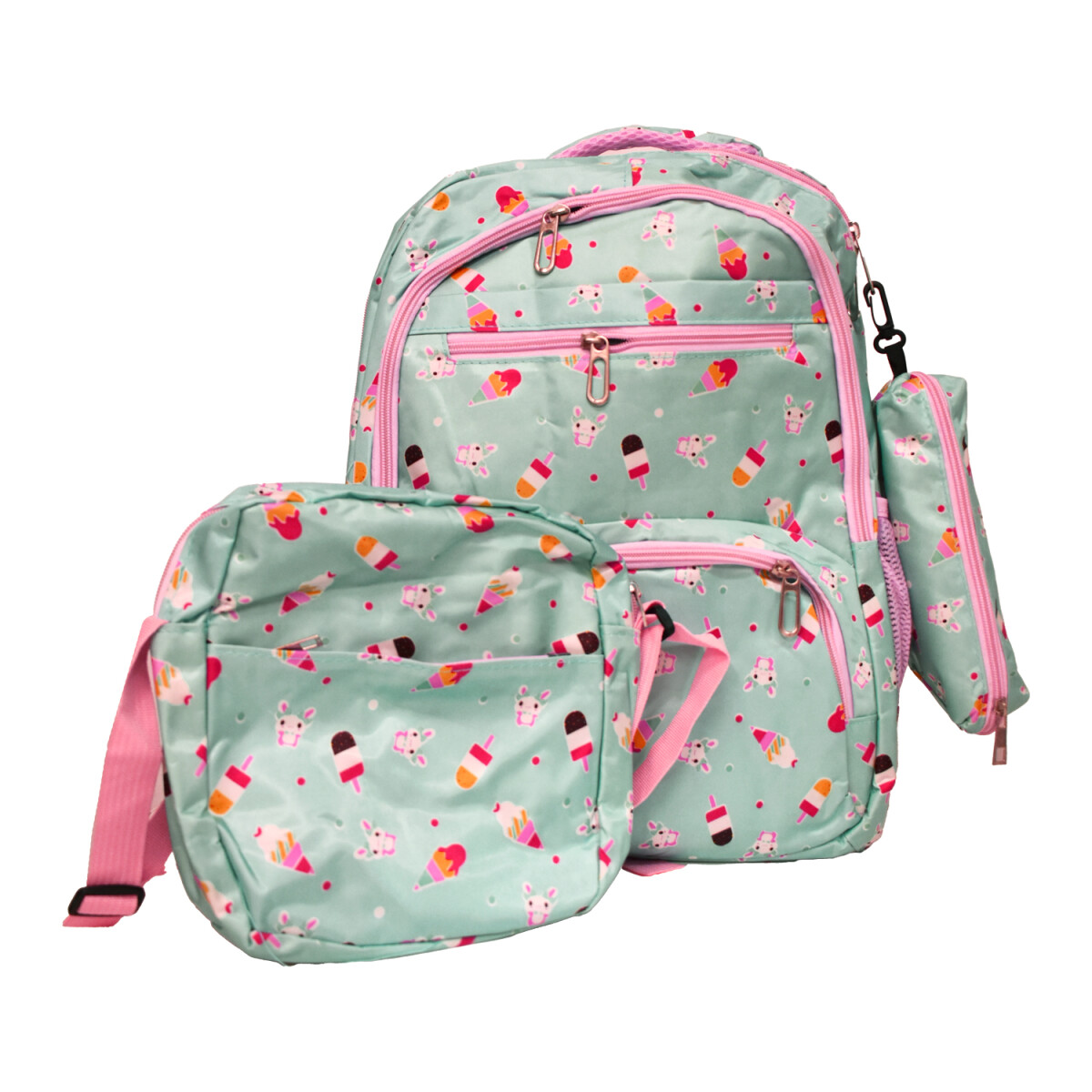 Set Mochila 3 Piezas Estampado Helados Escolar Resistente - Verde Claro 