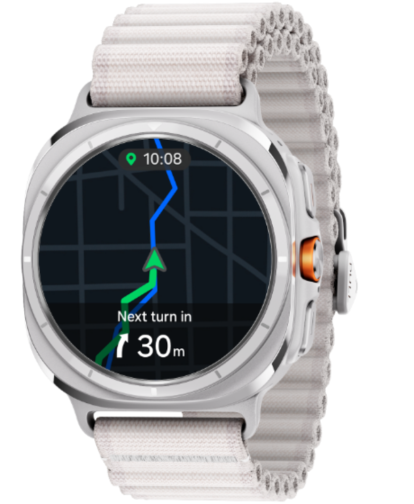 Un Galaxy Watch Ultra muestra la navegación en un mapa con una flecha que se dirige en la dirección indicada y un indicador de vueltas.