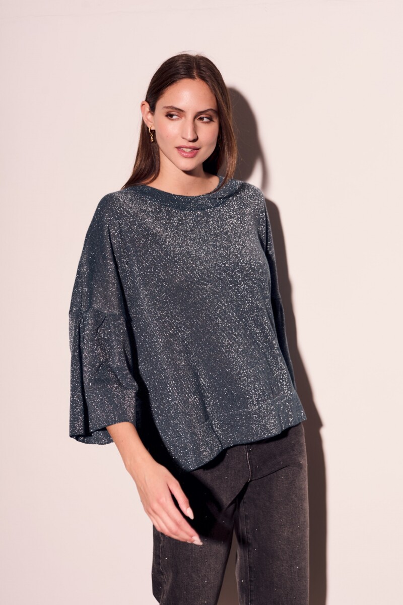 Sweater Manga Volados Lurex Petroleo