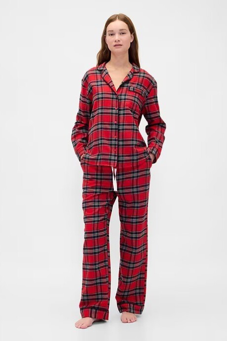 Pijama Set Camisa Y Pantalón Franela Mujer Fs Red Tartan Plaid
