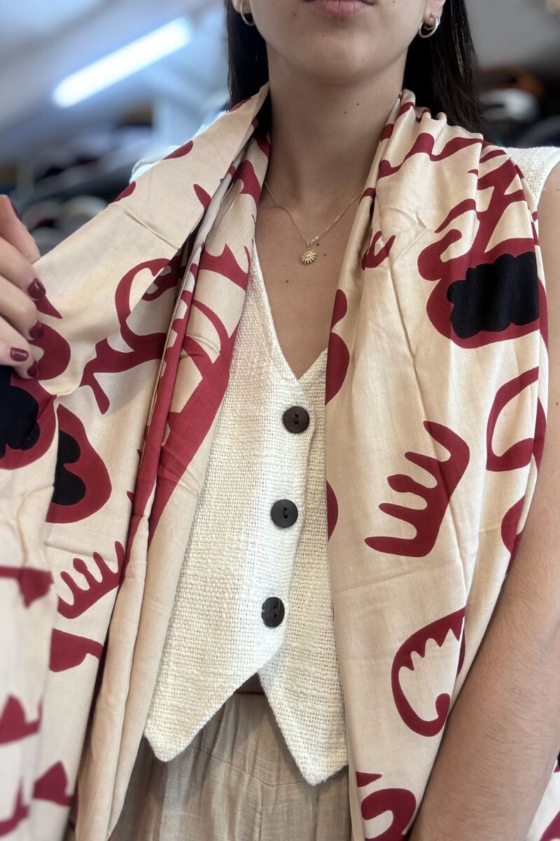Pañuelo rayón - Beige y Rojo 