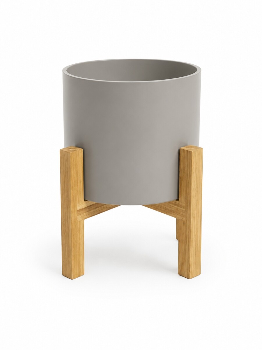 MACETA CERÁMICA M CON SOPORTE DE MADERA GRIS CLARO