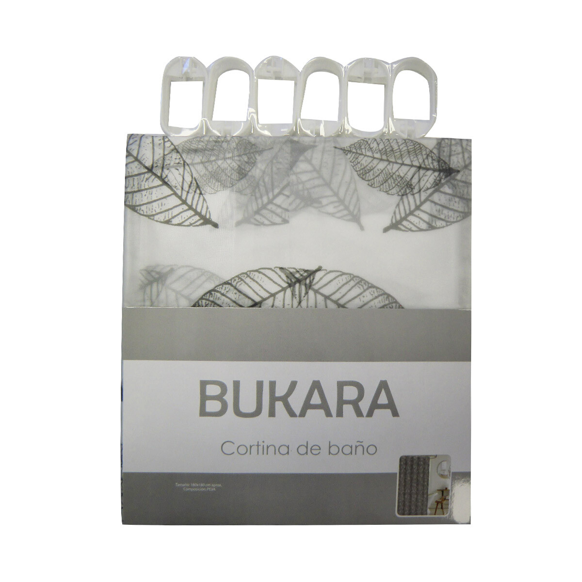 Cortina Baño Bukara con Argollas 180 x 180 cm - 651 HOJAS GRIS 