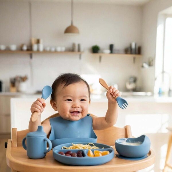 Set Alimentación Bebé Platos Silicona Libre Bpa 10 Piezas Color Celeste