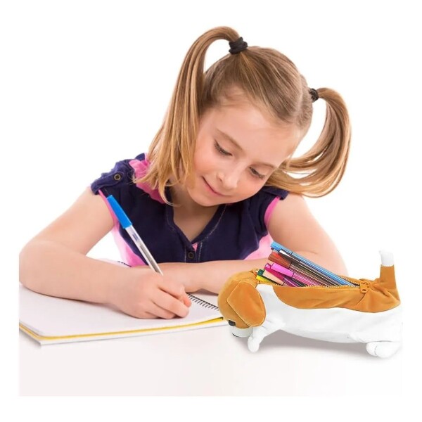 Cartuchera Escolar Peluiche Perro Infantil Con Cierre 2 en 1 Variante Color Beige