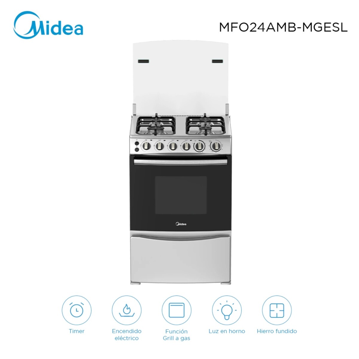 Cocina A Gas Con Grill Inox 4 Hornallas Midea Mfo24ambmgesl 