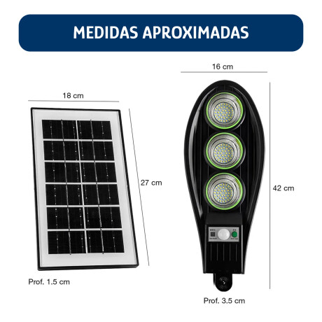 Foco Exterior Solar 3 Luces Led p/Pared Sensor Mov y Control Negro
