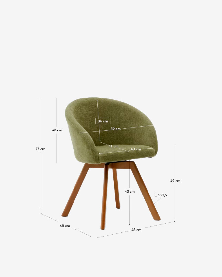 Silla giratoria Marvin chenilla verde y patas de madera maciza de haya acabado nogal