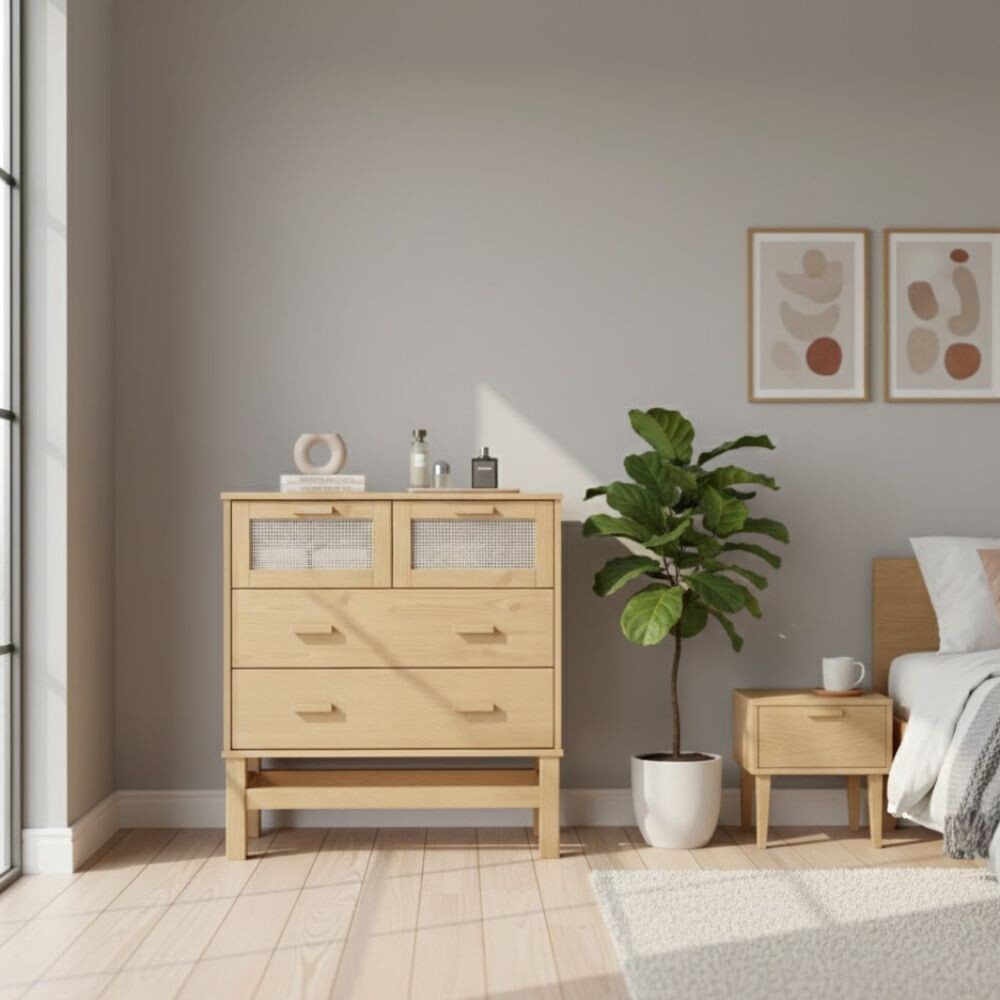 CÓMODA CAJONERA GUARDARROPA 4 CAJONES EN MADERA MACIZA CON RATAN NATURAL CÓMODA CAJONERA GUARDARROPA 4 CAJONES EN MADERA MACIZA CON RATAN NATURAL