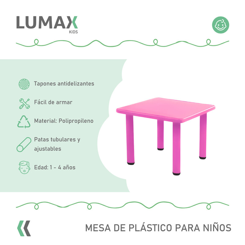 Mesa Cuadrada de Plástico y Metal para Niños 60x60cm Fucsia