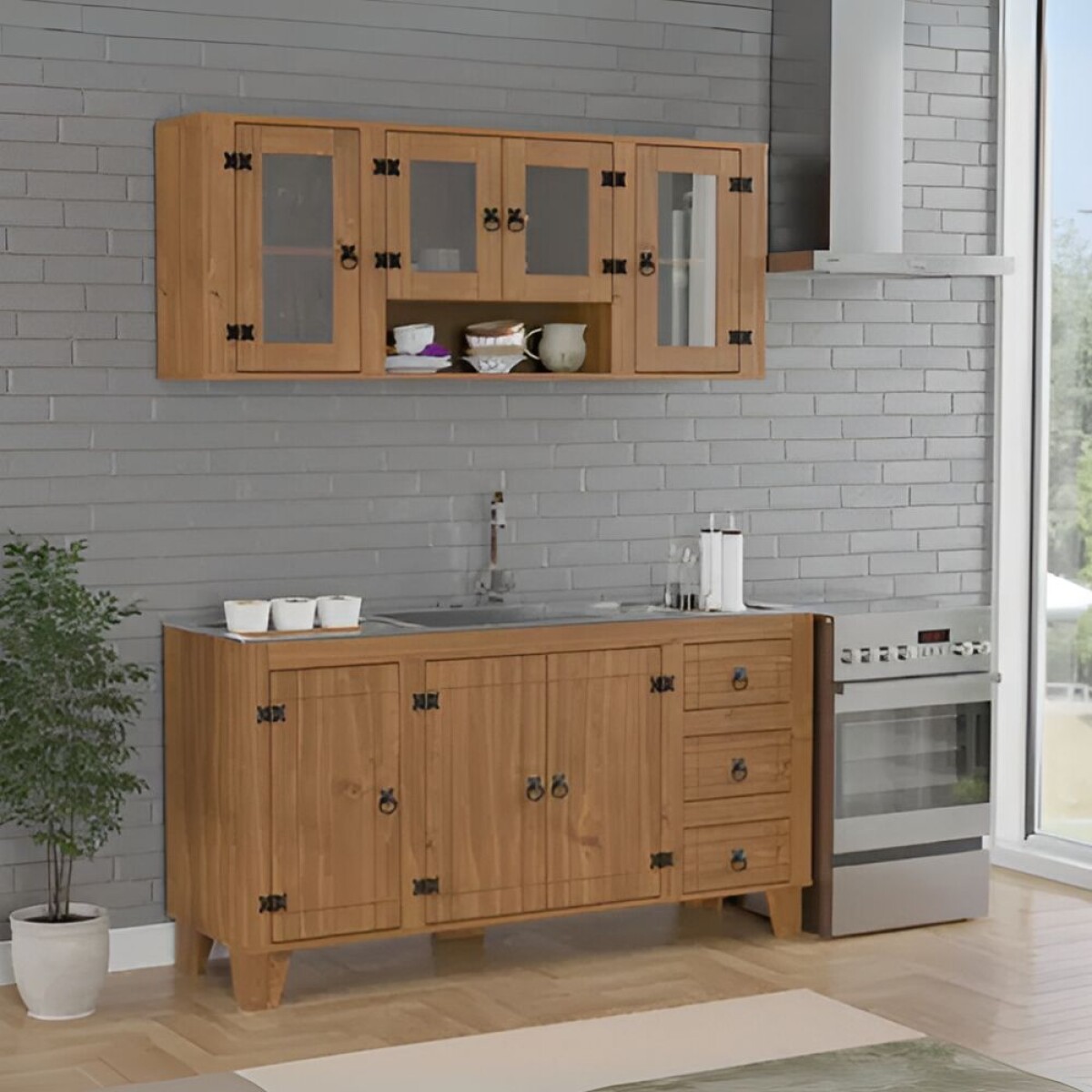 Promo Áereo 4 Puertas + Bajo Mesada Línea Naturale - Roble con vidrios 