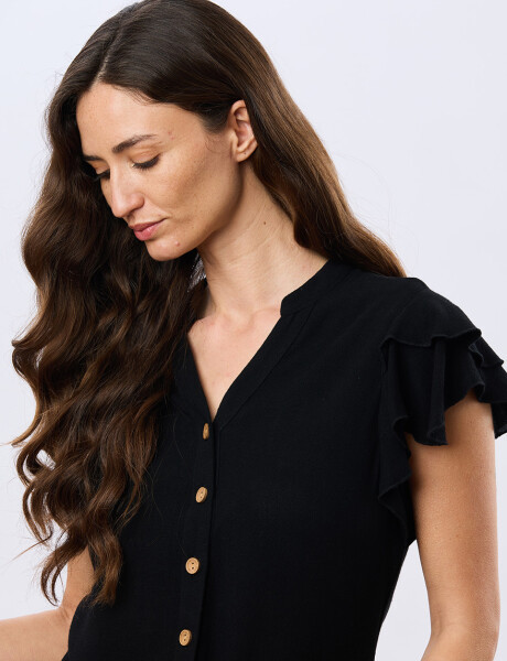 CAMISA DE LINO CON VOLADOS Negro