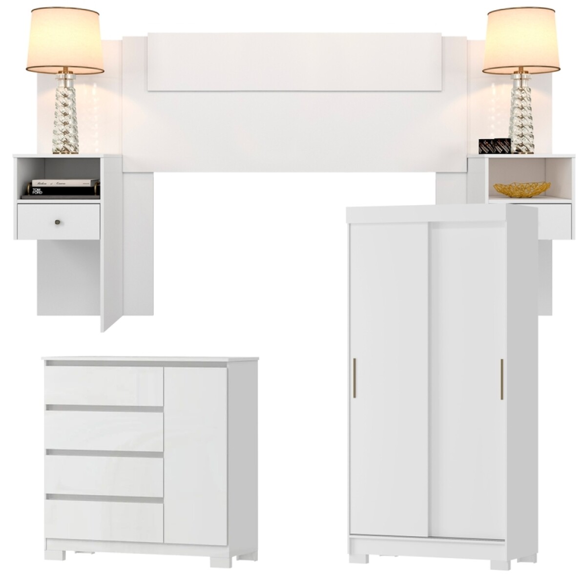 Juego de Dormitorio Ropero Antares 2 Puertas Corredizas Comoda Vega 4 Cajones y Respaldo Oslo - Blanco 