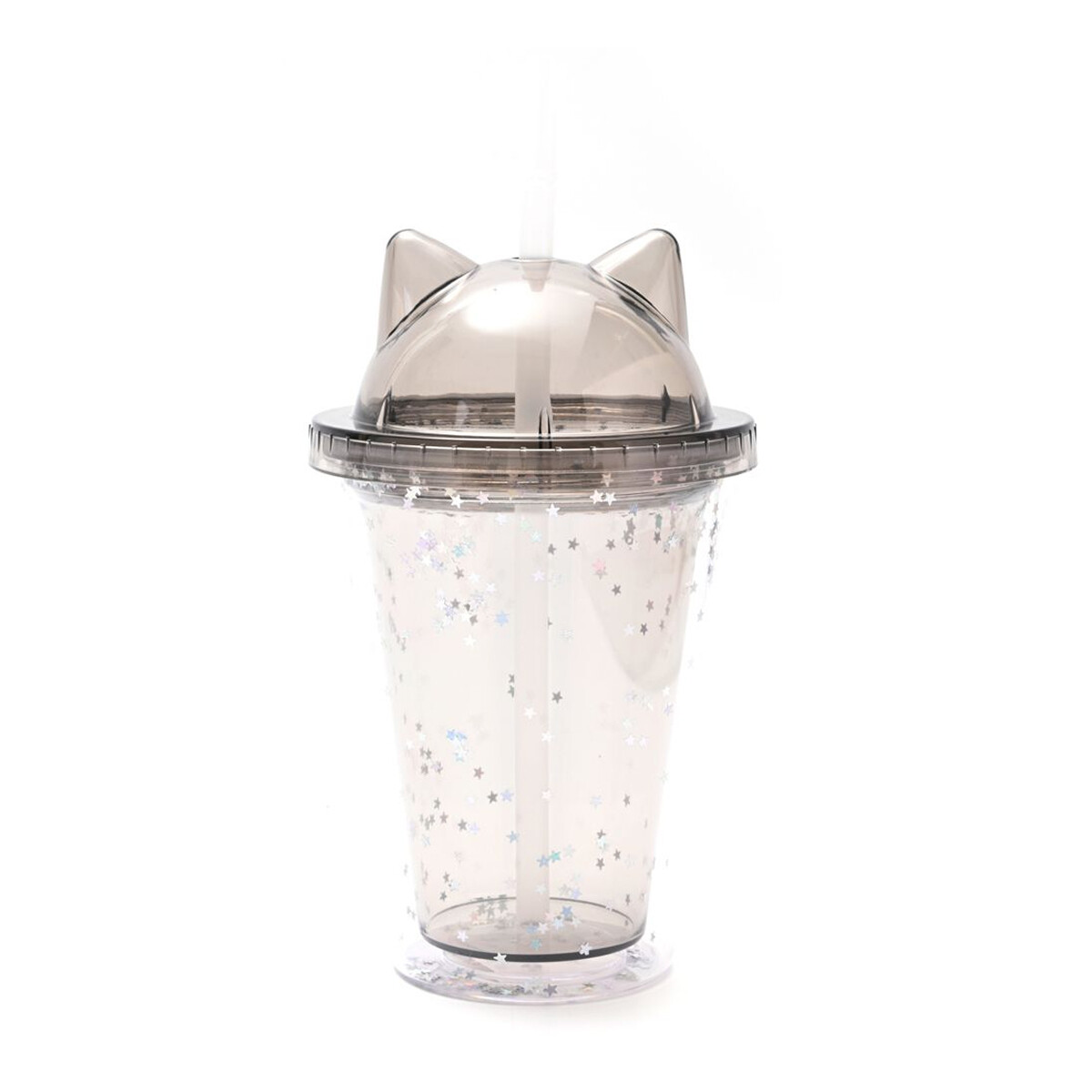 Vaso plástico orejas gatito con tapa y sorbete – 350ml - Gris 