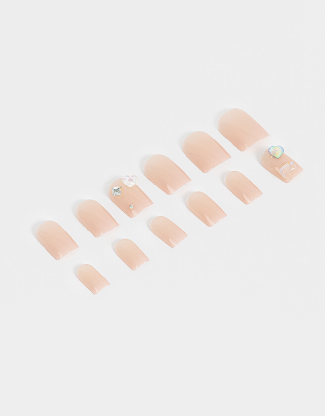 Nail Art Uñas Postizas Perladas Cuadradas - Blanco