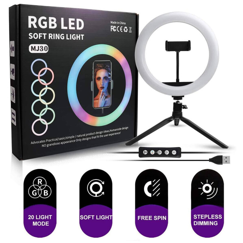 Anillo Led MJ30 RGB 10" con tripode, soporte para celular y control Anillo Led MJ30 RGB 10" con tripode, soporte para celular y control
