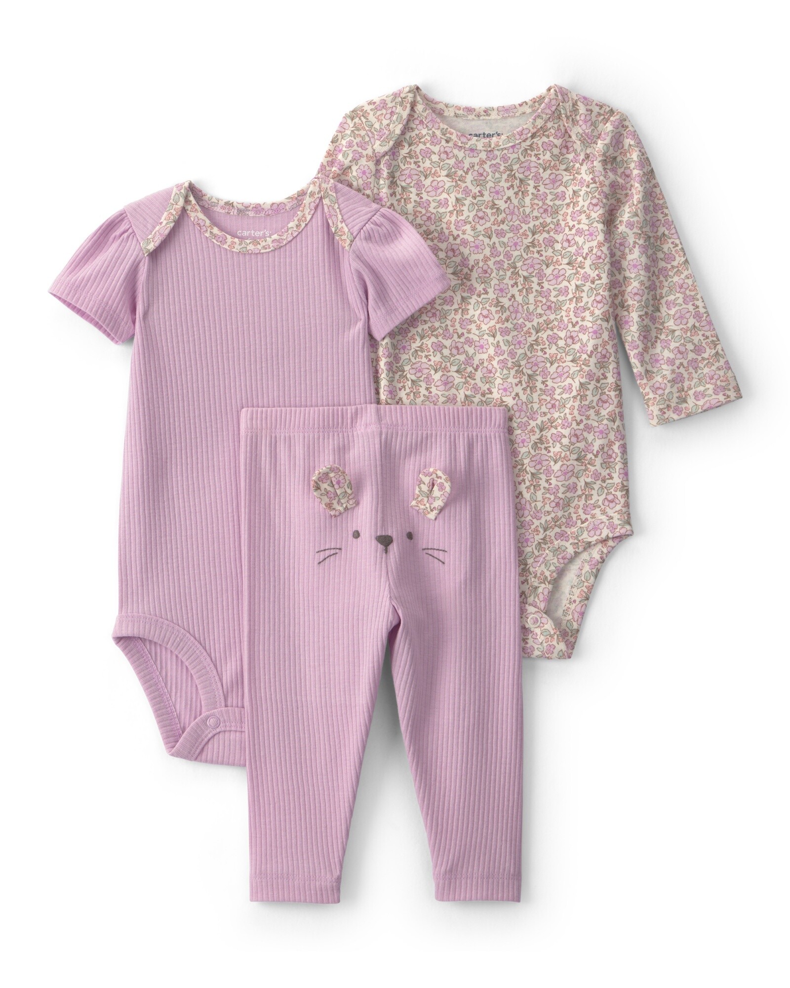 Set tres piezas de algodón, pantalón y bodies, lila, diseño floral y conejita Sin color
