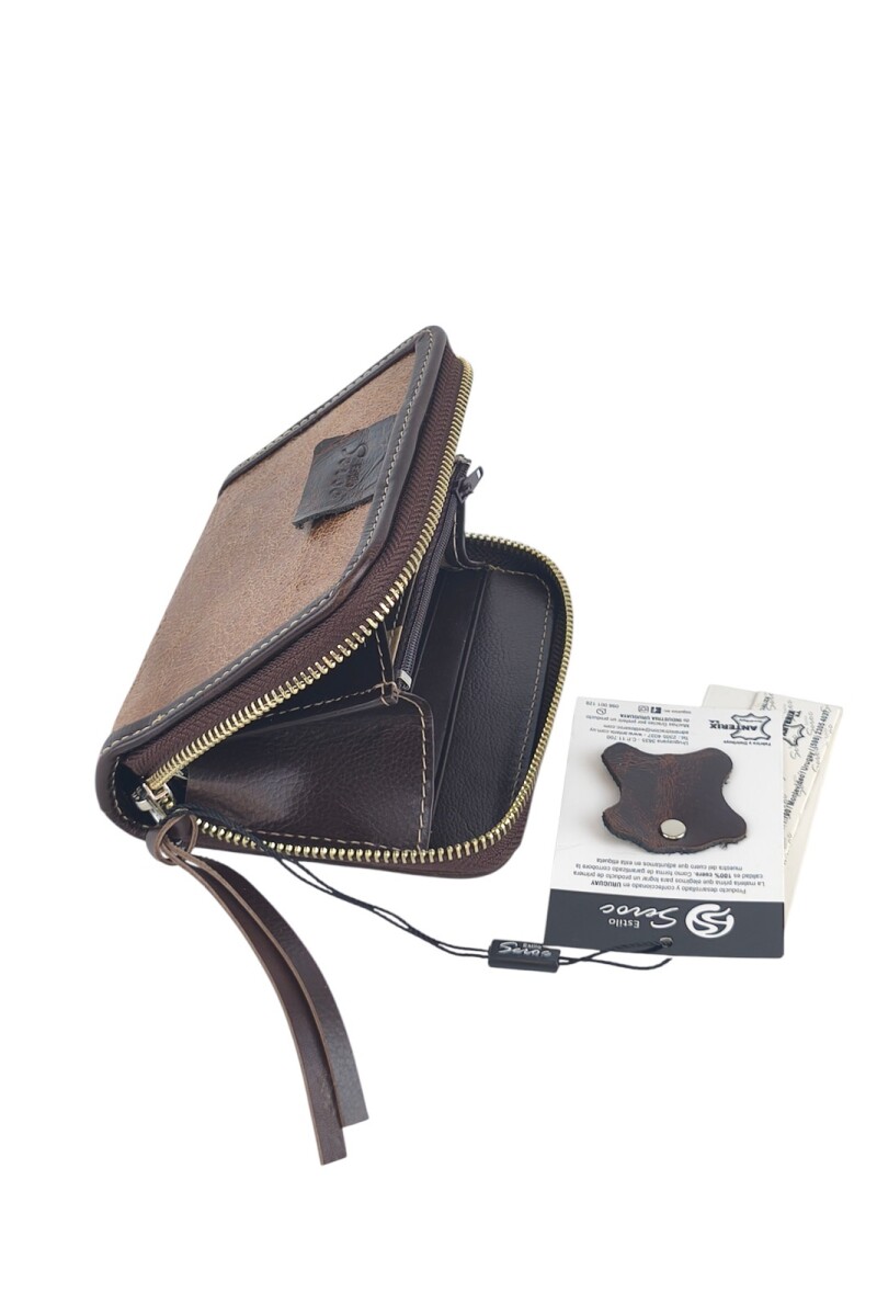 Monedero de Cuero Genuino con Cierre de Cremallera Segura y Organizador Interior Marron