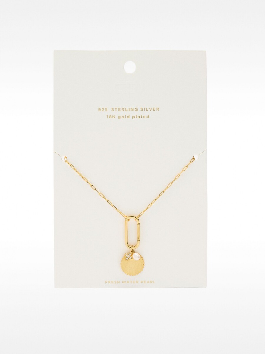 Collar De Eslabones Con Medalla Y Perla De Agua Dulce - Plata De Ley 925 dorado
