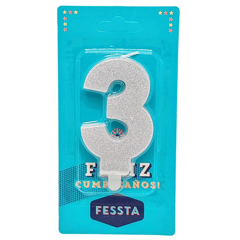 Vela Fessta Número Plateada Con Brillo TRES