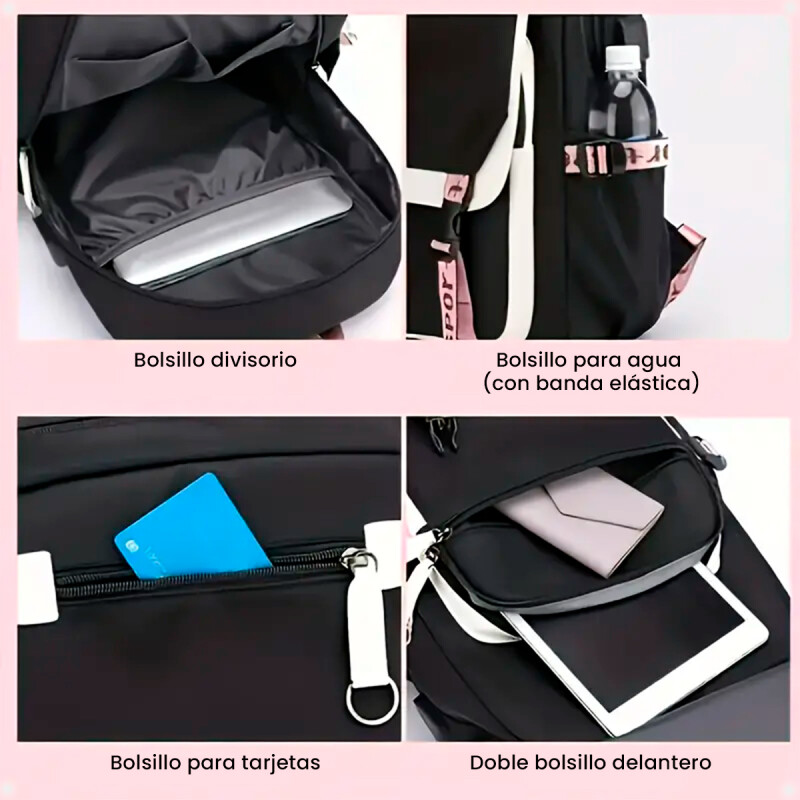 Mochila Estilo Coreano Kawaii Impermeable Notebook y USB Negro