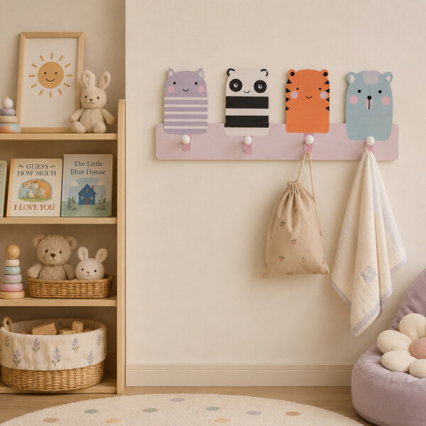 Perchero Infantil De Pared Animales 4 Ganchos Redondeado MDF Marrón 2