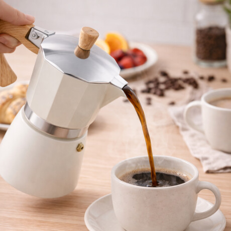 Cafetera italiana con mango simil madera 12 tazas Beige