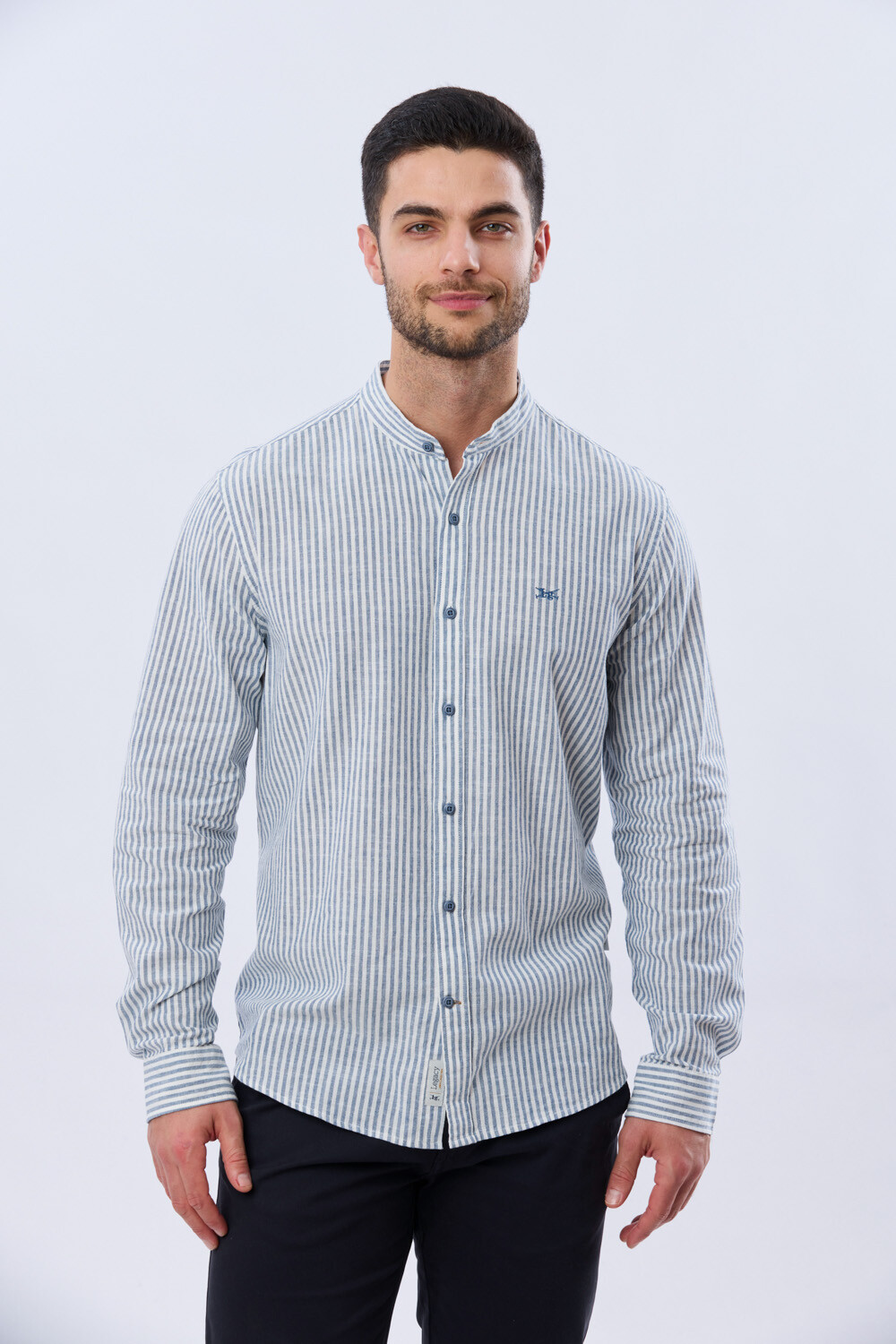 CAMISA RAYADA DE LINO CUELLO MAO Denim