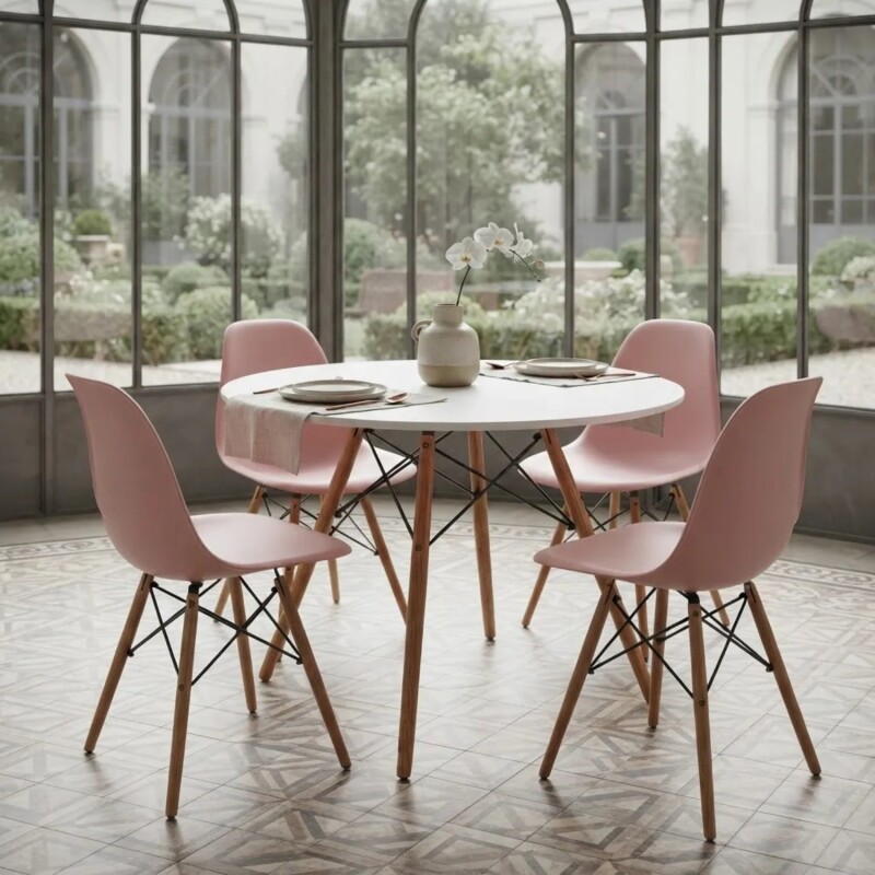 Juego de comedor Con Mesa Circular de 80cm + 4 Sillas Eames Rosa/Blanco