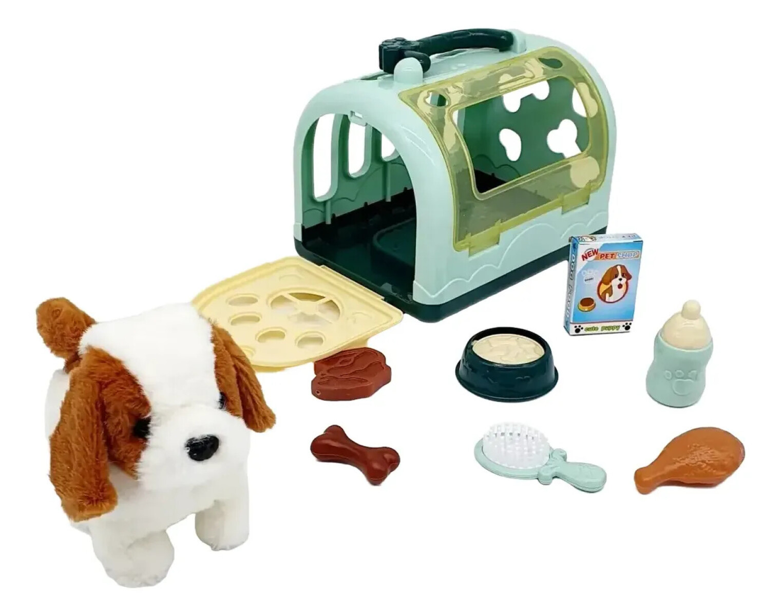 Perro de peluche con jaula transportadora y accesorios 
