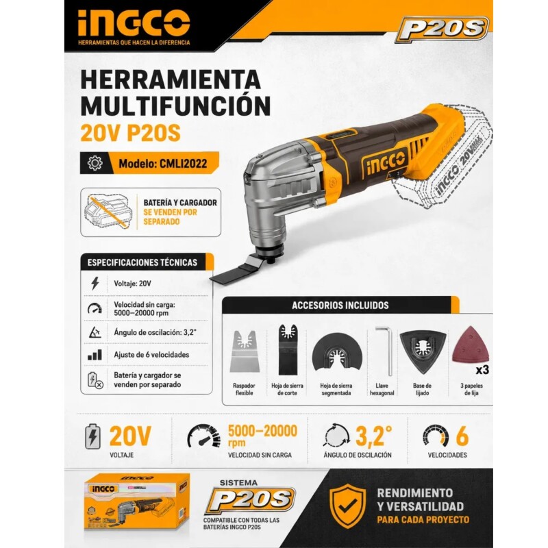 Herramienta Multifunción Ingco A Batería 20v + Accesorios Herramienta Multifunción Ingco A Batería 20v + Accesorios