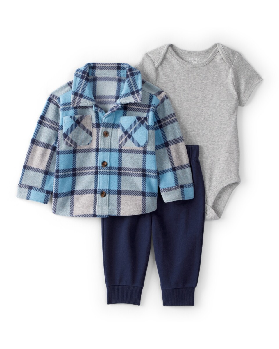 Set tres piezas, pantalón y body de algodón, con camisa escocesa de micropolar 