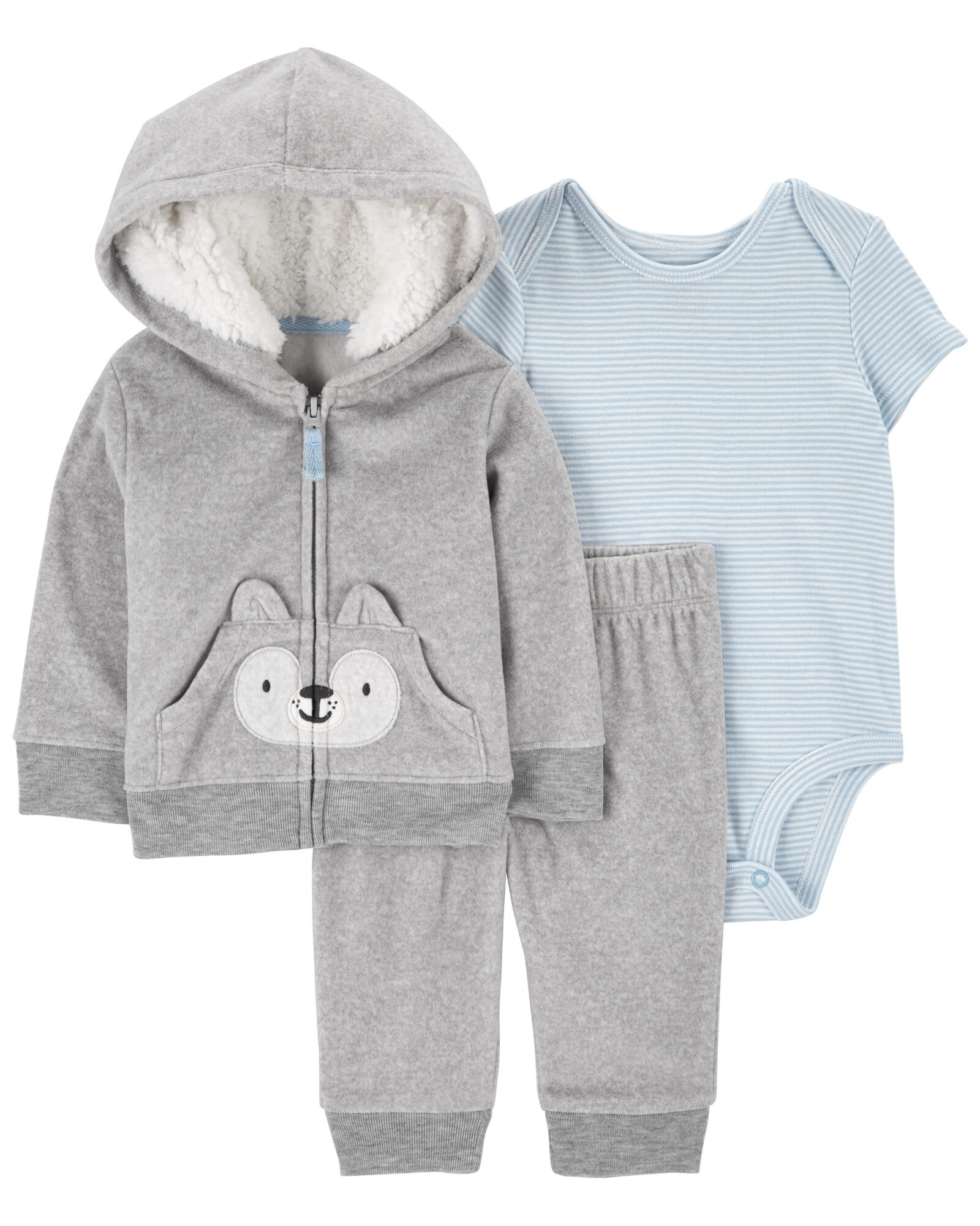 Set tres piezas, campera y pantalón de micropolar, más body de algodón, diseño zorro Set tres piezas, campera y pantalón de micropolar, más body de algodón, diseño zorro